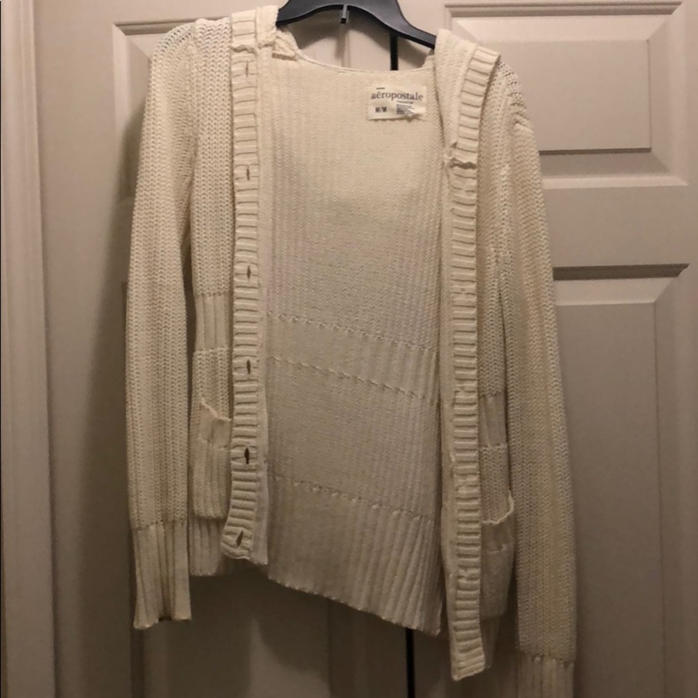 White button down sweater with hood